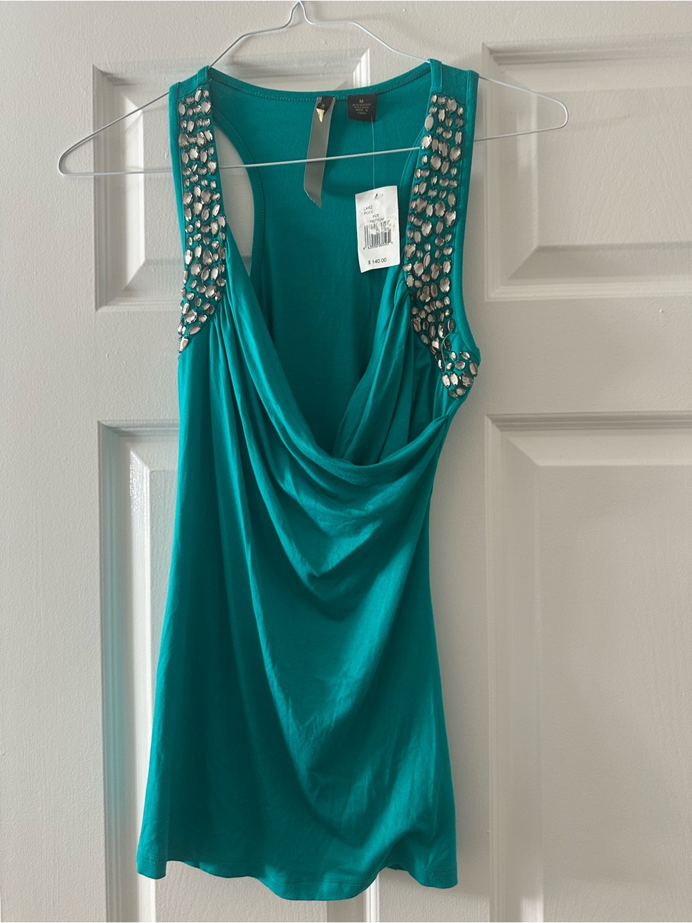 Teal Embellished Cowl Neck Tank Top